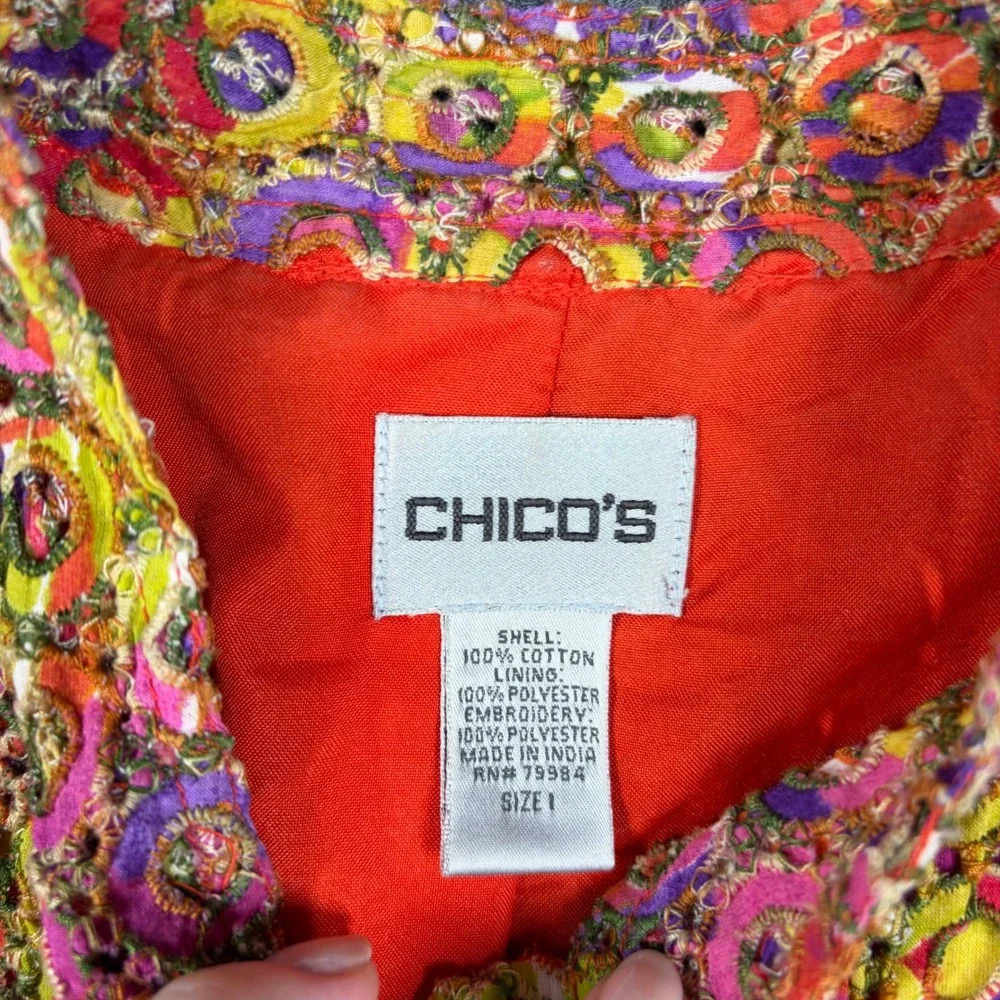 Chico's Jacket Womens‎ Size 1 Embroidered Eyelet Multicolor Floral Button Front
